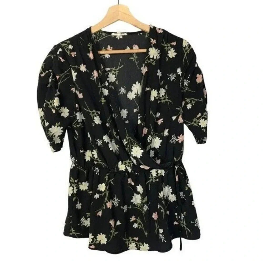Pleione Black Floral Wrap Short Sleeve Blouse S